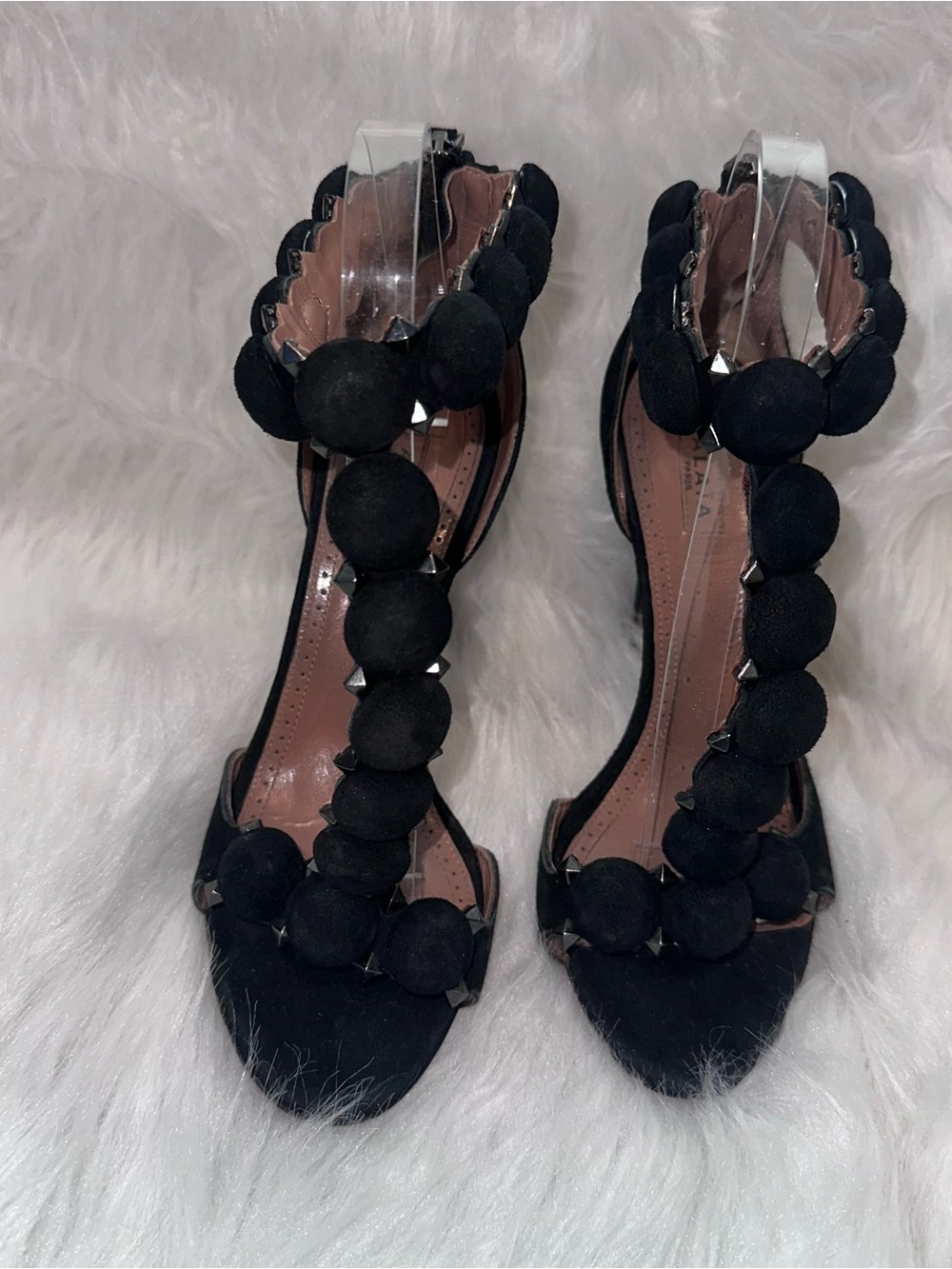 Alaia Chamois Bombe Pom Pom Studded T-strap Suede Black Heels Size EU 36 or 5.5